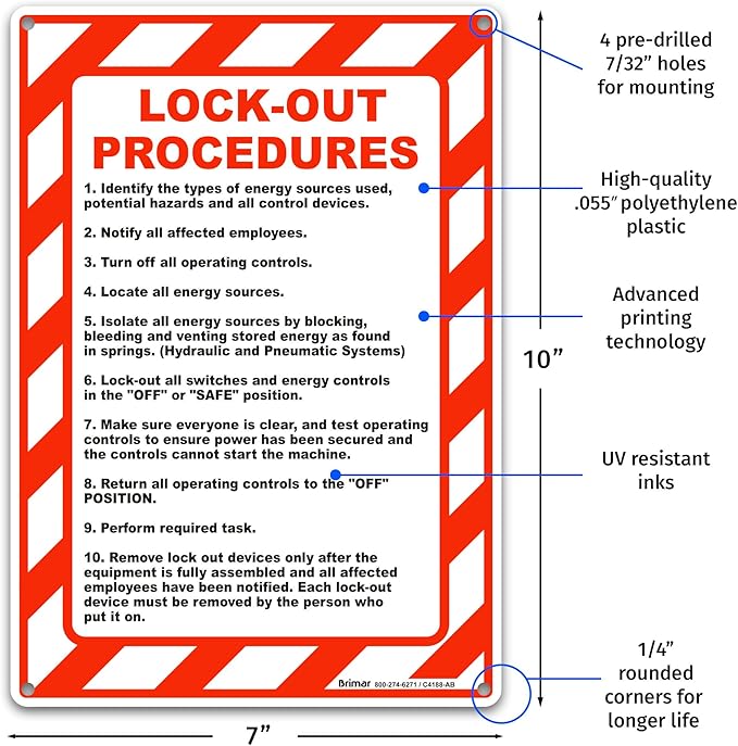 Brimar - 7" x 10" - Lock-Out Procedures Sign - Polyethylene Plastic - Easy Installation - Workplace Safety