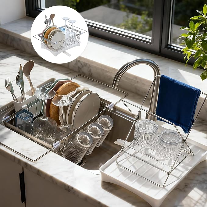 Expandable 2-in-1 Countertop & Sink Dish Drying Rack for Kitchen Counter, Stainless Steel Dish Drying Rack with Drain Board and Multi-Functional Kitchen Rack, Large Dish Rack Inside Sink