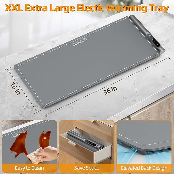 Graphene Warming Mat for Food - Fast Full Surface Heating, Extra Large (XXL 36”x 16") Electric Warming Trays for Buffets Party Countertop with 6 Temp & Timer Settings, Gifts for Mom Wife, Gray