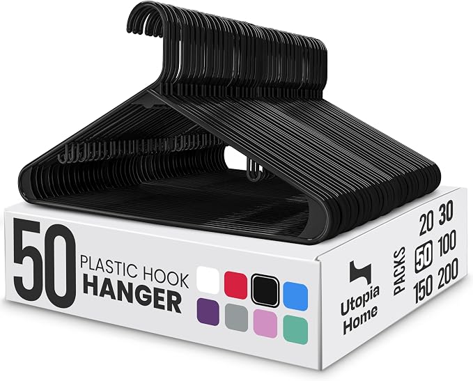 Utopia Home Plastic Hangers 50 Pack – Built-in Strap Hooks Black | Space saving by UTOPIAHOME