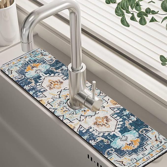 Oriental Blue Turkish Carpet Pattern Sink Faucet Absorbing Mat Sink Splash by Unknown