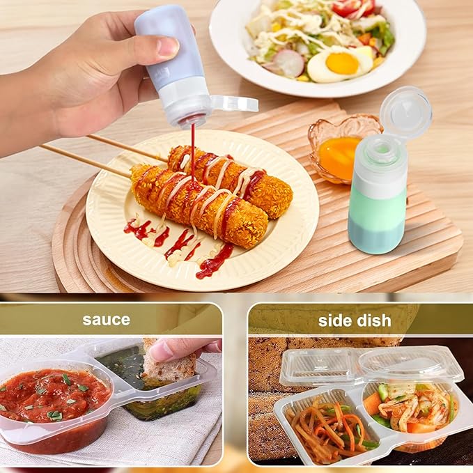 16Set Double Compartment Snack Containers with Lids,Snack Pack Containers for Kids & Adults, 4pcs Silicone Condiment Squeeze Bottles,Leakproof Sauces Container, Salad Dressing Container