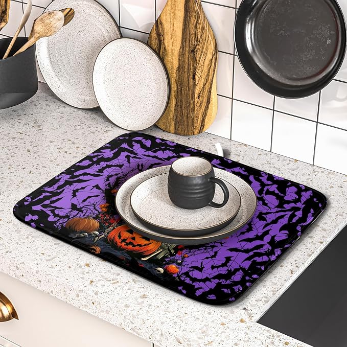 Giwawa Halloween Pumpkin Dish Drying Mat 16x18 inch Spooky Ghost Bat Dish Rack - Image 5