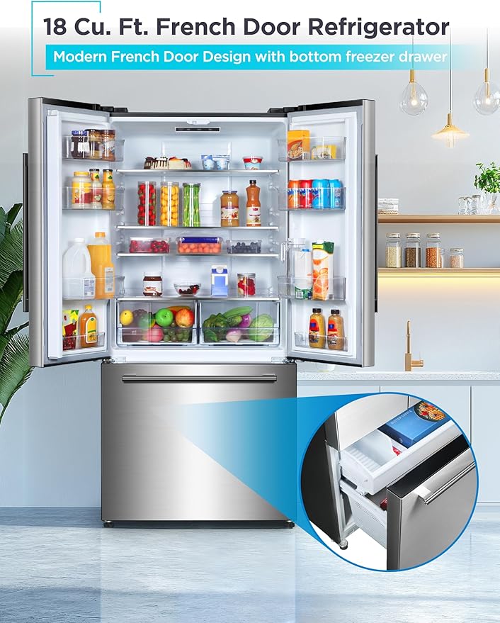 BLACK+DECKER 18 Cu. Ft. French Door Refrigerator with Built-in Ice Maker, Full Size Refrigerator with Bottom Mount Freezer Drawer, Frost Free, ENERGY STAR certified, BRF1800GIMS, Stainless Look