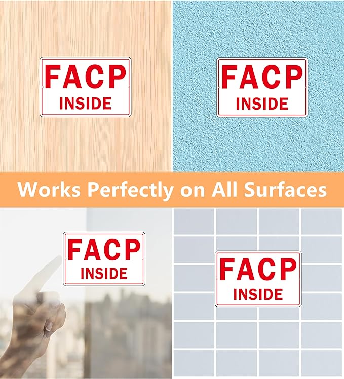 FACP Sign, (2 Pack) Self Adhesive FACP Inside Signs, Rust Free and Reflective Aluminum Metal Sign Sticker for Door (9 x 6 inches, White/Red)