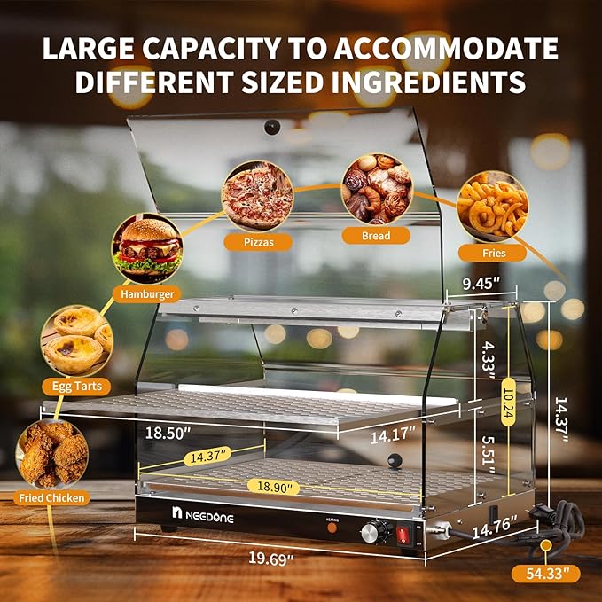 NEEDONE Commercial Food Warmer, Electric Pizza Food Heater Display Cabinet w/Adjustable Temperature, LED Lighting, Removable Racks, Countertop Pastry Display Case for Cafes, Buffet, Parties