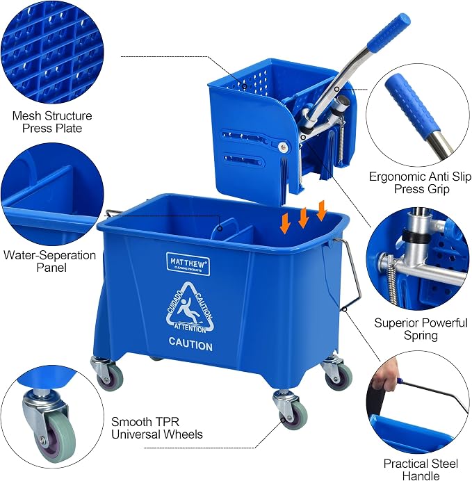 MATTHEW Cleaning Blue 22Quart Compact Mop Bucket INCL.2 Pcs Mop Head - Image 4