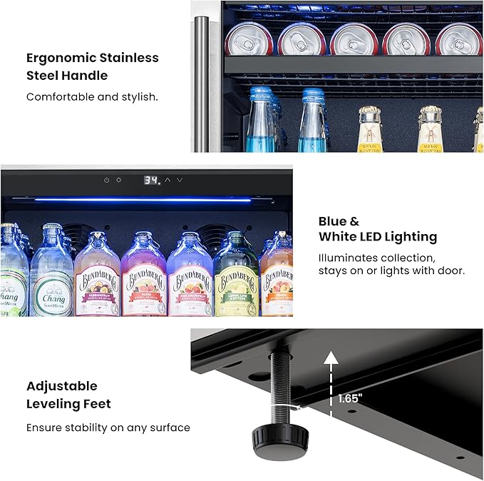 Beverage Refrigerator 24 inch -378 Cans Capacity Beverage Cooler, Upgraded Beverage Refrigerator Freestanding or Built-In, Drink Cooler for Soda, Water, Beer or Wine - For Kitchen, Bar or Office