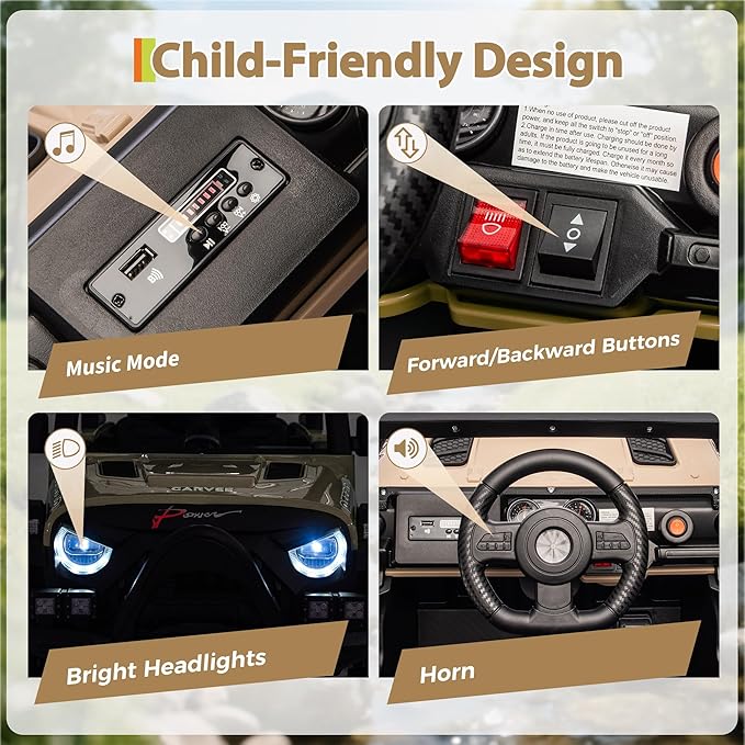 12V Kids Ride on Car, Electric Ride on Truck w/Parent Remote, Spring Suspension, Bluetooth Music, LED Light, 4.1Mph Max Speed, 3 Speeds, Battery Powered Vehicles for Kids Toddler Age 3-8, Khaki