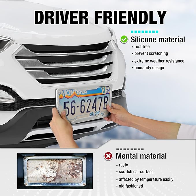 DuraTech Silicone License Plate Frames, Rust Proof Plate Cover for Car, Rattle Proof Plate Protector with Installation Tool Kits, Waterproof License Plate Holder for Extreme Weather (2Pc, Grey)