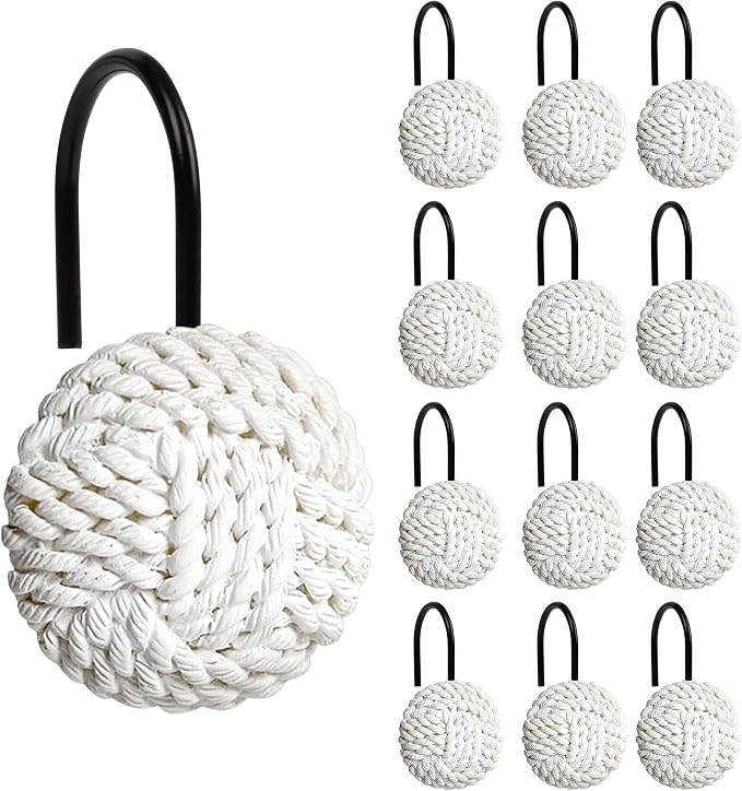 Sunlit Boho Knots Shower Curtain Hooks, Home Decorative White Shower Curtain by Sunlit