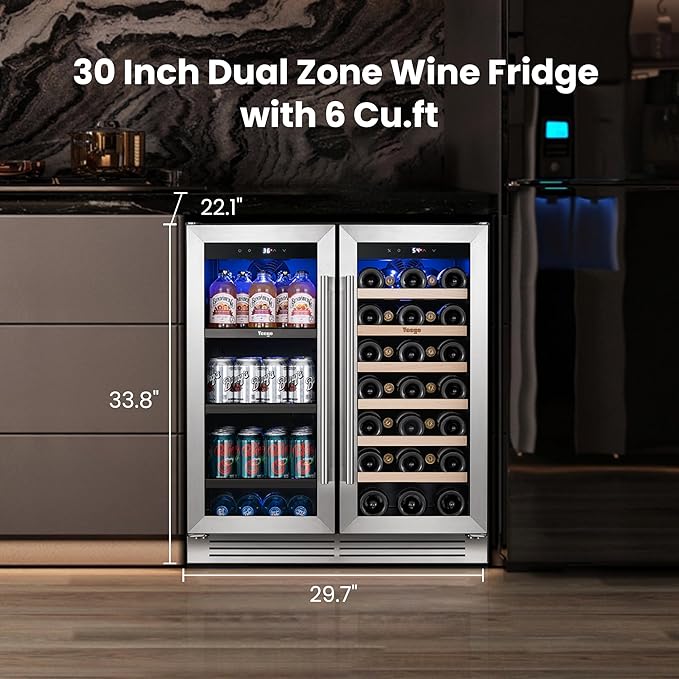 Yeego 30 Inch Wine and Beverage Cooler - 36-72°F, Holds 80 Cans & 33 Bottles Adjustable Shelves Beverage Fridge, Stainless Steel with glass Door for Built-in for Kitchen/Bar