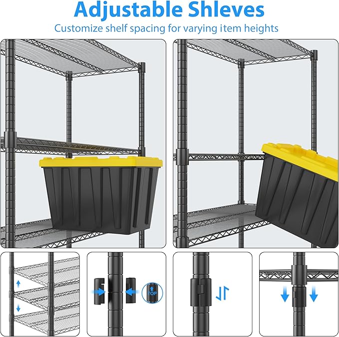 Homdox Heavy Duty Storage Shelves, 6 Tier Wire Shelving Unit with Wheels, Commercial Adjustable Metal Shelves for Storage, Garage Rack Pantry Shelves Kitchen Shelving, 18"x48"x82", Black
