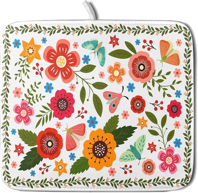 Colorful Boho Floral Dish Drying Mat 16x18 Inch Dishes Dry Pad Drainer Rack by Giwawa