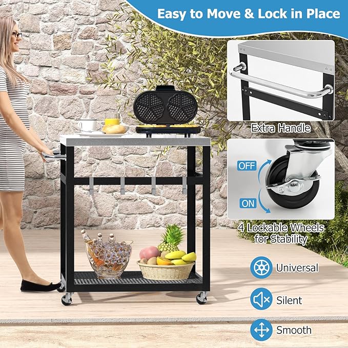 Giantex Outdoor Grill Cart with 29''W x 20''D Stainless Steel Top, Storage Shelf, Outdoor Cooking Food Prep Table with Wheels, Movable Pizza Oven Stand Serving Cart for Backyard BBQ Party Kitchen