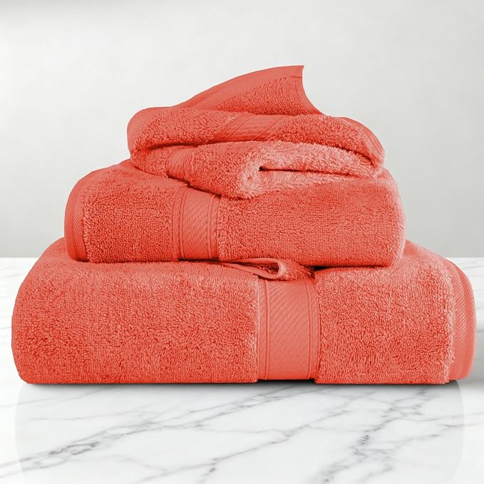 SUPERIOR Egyptian Cotton Ultra Plush & Absorbent, 3 Piece Set, Coral | Quick Dry - Image 2