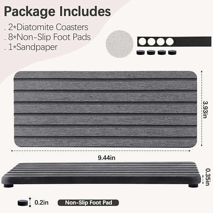 2 PCS Water Absorbent diatomite Coasters, 9.5" x 4" Water Absorbing Stone Tray for Sink, Stone Drying mat for Kitchen Counter, Stone soap Tray Used for Hand Soaps & toiletries & Plants