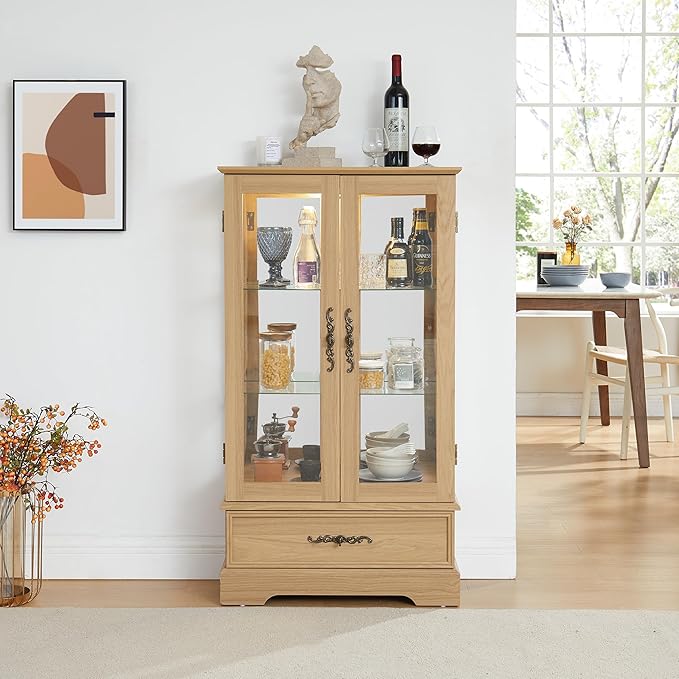 47" H Lighted Curio Cabinet Display Case, Glass Cabinets with Adjustable Shelves,Tempered Glass Door and Drawer, Wooden Curio Cabinet with Mirrored Back Pane for Living Room (Light Oak)
