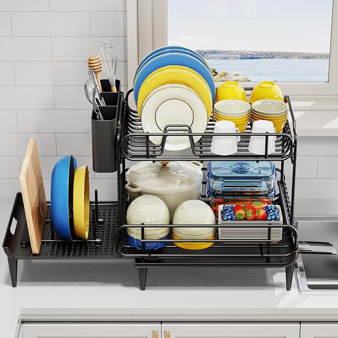 Urackify Dish Drying Rack for Kitchen Counter, Expandable 2 Tier Dish Rack - Image 2