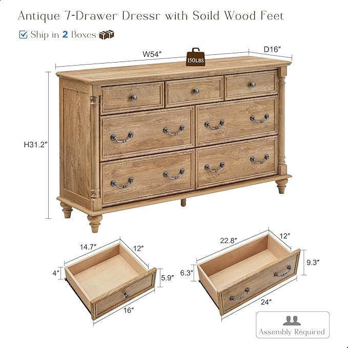 T4TREAM Farmhouse 7 Drawers Dresser Chests for Bedroom with 4 Solid Wood Feet, Tall Wide Wood Country Rustic Chest of Drawers, Storage Dressers for Bedroom, Living Room, Light Tree Knot