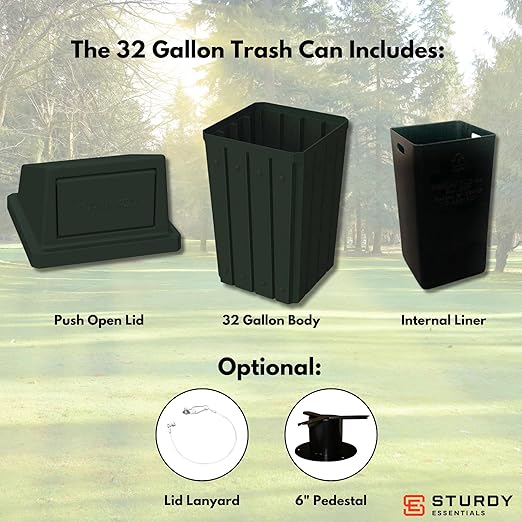 Campus Collection 32 Gallon Square Slatted 100% Recycled Plastic Heavy-Duty Commercial Outdoor or Indoor Trash Can with Push Top Lid | Great for Schools and Businesses - Black