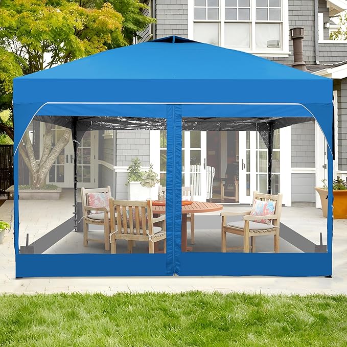 Saemoza 12x12 Pop Up Canopy Tent with One Push Setup, Outdoor Sun Shade Canopy for Backyard Party, Easy Up Instant Shelter with 4 PVC Transparent Sidewalls, 4-Sandbags & Wheel Bag, Blue.