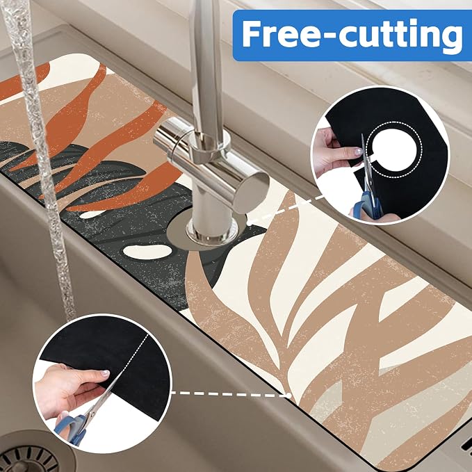 Mid Century Boho Leaves Kitchen Sink Splash Guard Absorbent Fast Drying Mat - Image 7