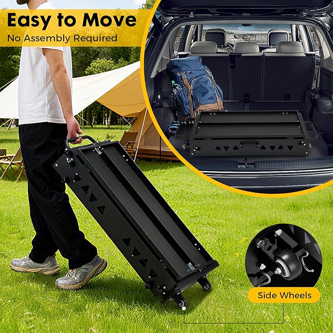 Portable Outdoor Grill Table with Wheels, Heavy-Duty Steel Prep Table, Folding Griddle Stand with Shelves, Bottle Opener, No Assembly Required, for BBQ, Pizza Oven, Patio