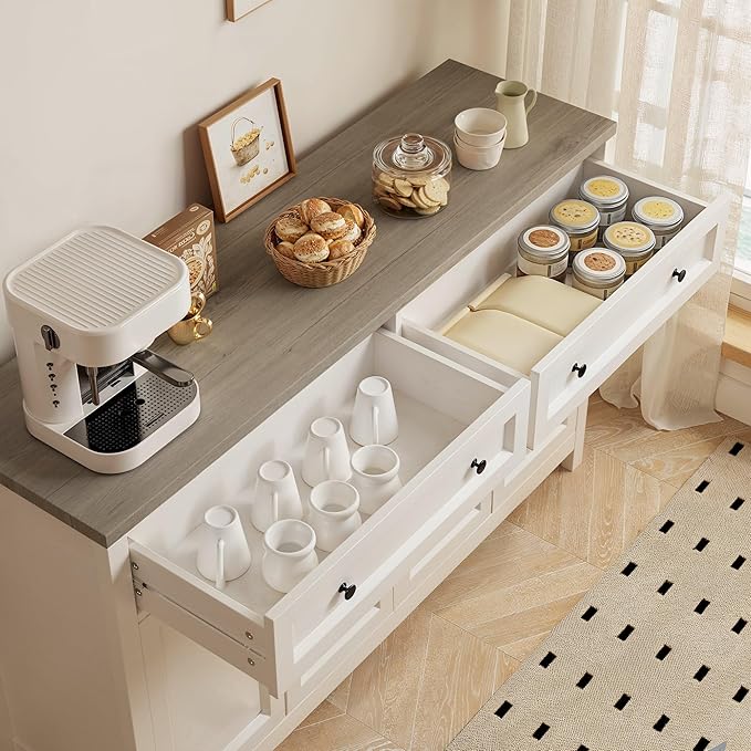 Gizoon Farmhouse Kitchen Sideboard Buffet Cabinet with Storage, Wood Coffee Bar and Storage Sideboard with Drawers and Doors for Kitchen, Dining Room, 15.7" D x 55.1" W x 35.3" H, White/Grey