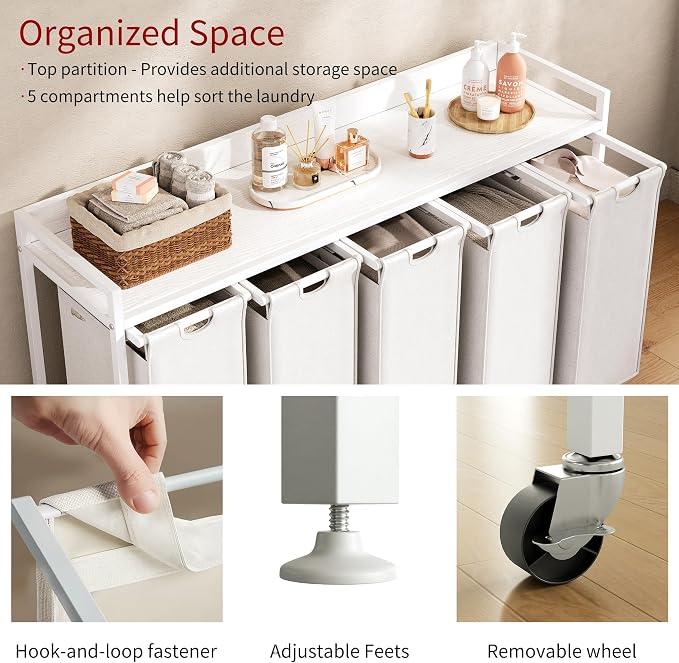 Herture Laundry Hamper with Shelf, Laundry Basket 5 Section, Laundry Sorter - Image 3