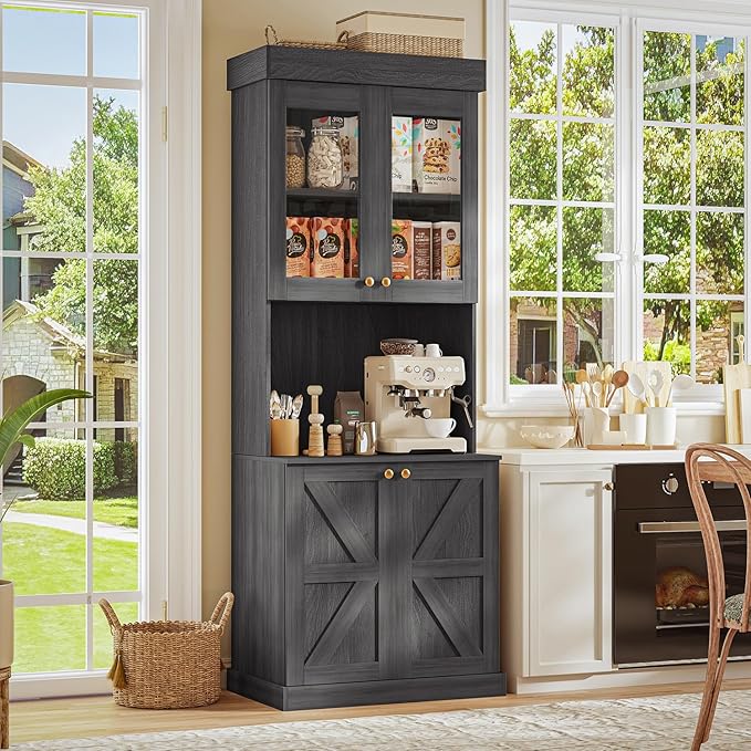 71" Tall Farmhouse Kitchen Pantry, Set of 2, Large Storage Cabinet with Glass Doors, Freestanding Coffee Bar Hutch with Microwave Stand, Adjustable Shelves for Kitchen, Living Room, Black