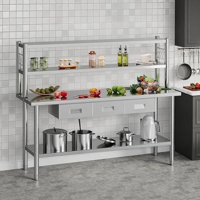 72"x24" Stainless Steel Work Table with Overshelves, 2/3 Drawers, Adjustable Shelf & Hooks, NSF-Certified Heavy-Duty Prep Station for Commercial Kitchen, Restaurant, or Garage