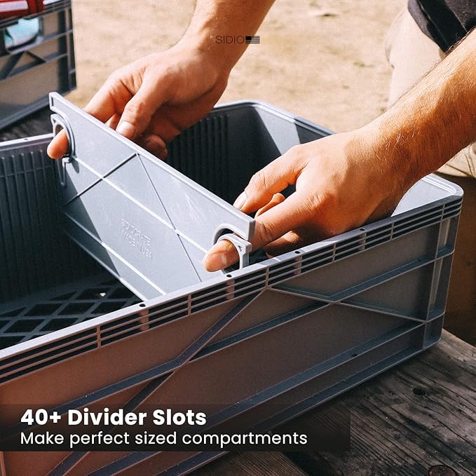 SIDIO CRATE Starter Pack - Two Full Size and One Half Size SidioCrate, Stackable Outdoor Organizer Storage Bins with Clear Lid and Dividers - Gray