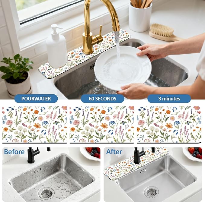 2 Pcs Kitchen Sink Splash Guard Faucet Mat Watercolor Plants Faucet Mat - Image 5