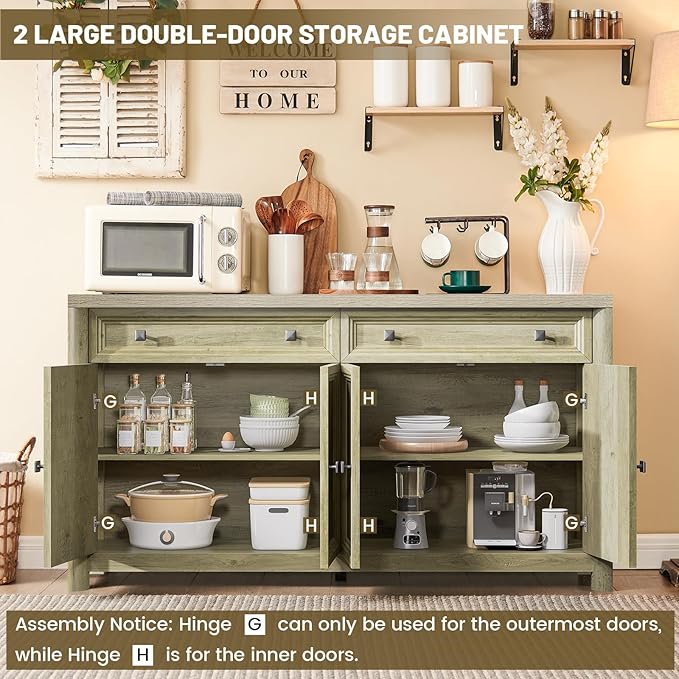 Farmhouse Buffet Cabinet with Storage, 59" Large Sideboard Credenza with Adjustable Shelves & 4 Doors, Wood Rustic Kitchen Coffee Bar Console for Table Living Room, Natural