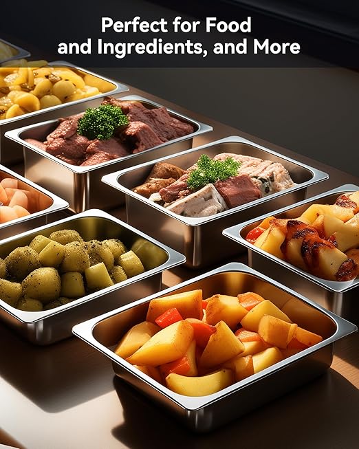 4 Pack Hotel Pans with Lids, 1/2 Size 4" Deep Steam Table Pans, Stainless Steel Food Pans 22 Gauge Anti Jam 12.8" L x 10.4" W Commercial Food Storage Containers