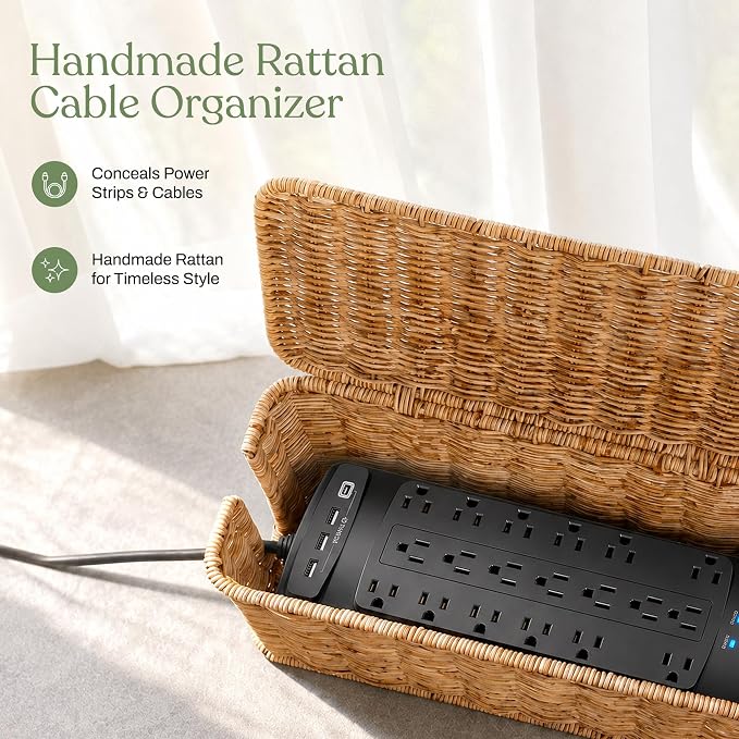 2PCS Cable Management Box Set, Handmade Rattan Cord Organizer | Large & - Image 3