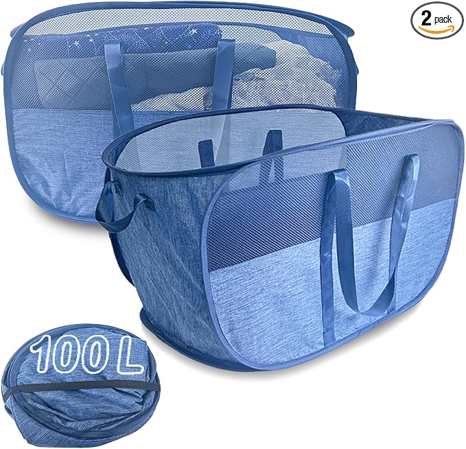 100L Collapsible Laundry Baskets 2 Pack, Extra Large Mesh Pop Up Laundry Hamper by NairSnow