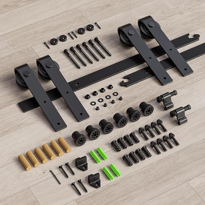 CCJH 12.6FT Sliding Barn Door Hardware Kit, Heavy Duty, Smoothly and Quietly, Easy to Install, Fit 37.8" Width Double Door Panel, Basic Style Hangers Black