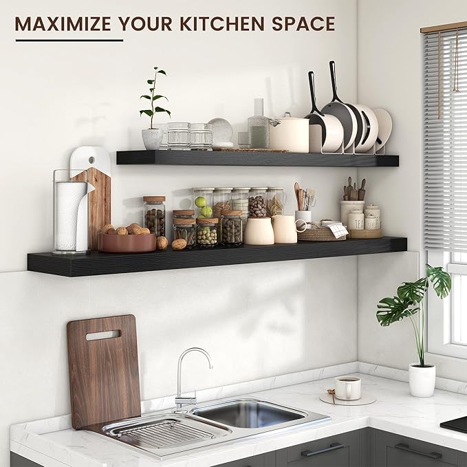 Floating Shelves for Wall 55"W x 10"D x 1.5"H, Long Engineered Wood Wall Shelves with Invisible Brackets for Living Room Bedroom Bathroom Office Kitchen Decor and Storage, Black Finish, Set of 1