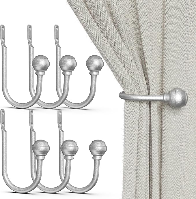 Hion Curtain Holdbacks Silver 6pcs, Curtain Tiebacks Wall Mounted Hooks | by Hion