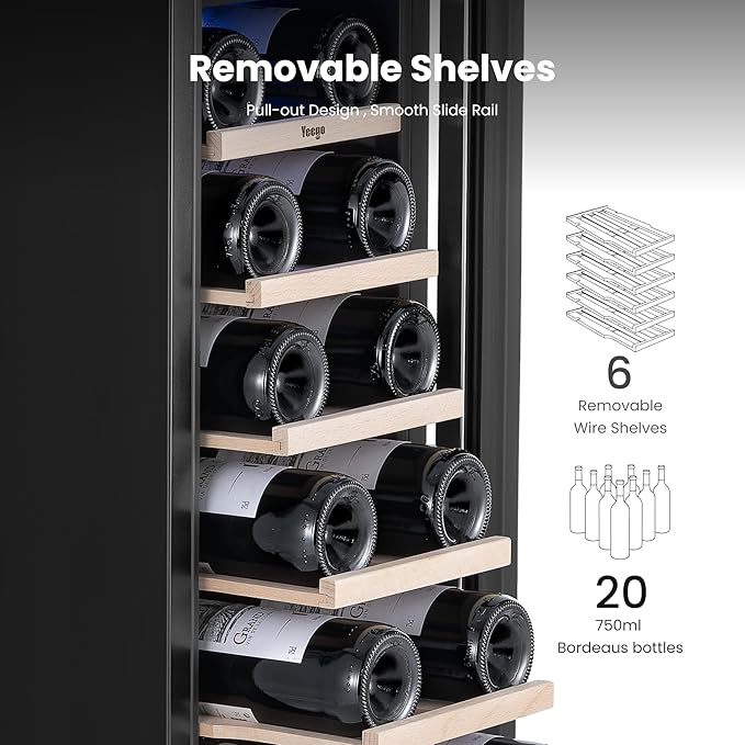 Yeego Wine Fridge Cooler - 12 Inch Wine Fridge Hold 23 Bottles, 40-65°F Wine Refrigerator Glass Door, Built in Fridge, Freestanding or Adjustable Shelves Fridge for Home Bar Office