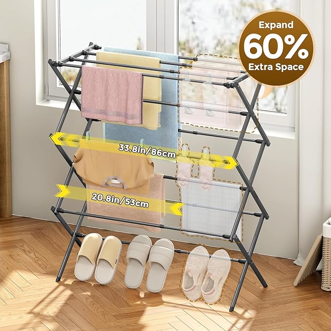 KINGBOARD 3-Tier Extendable Clothes Drying Rack, Small & Foldable, Space-Saving - Image 2