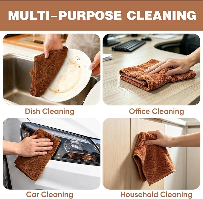 TEAWOO 10 PCS Brown Microfiber Cleaning Cloths, Car Towels, Kitchen Towels - Image 5