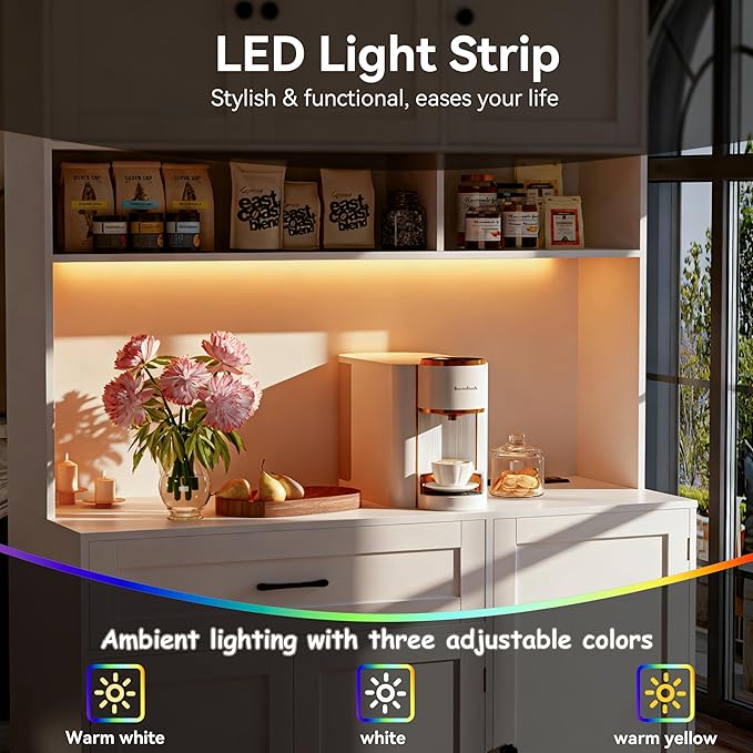 72" Kitchen Pantry Cabinet with LED Light and Charging Station Tall Pantry Storage Cabinet with Adjustable Shelves and Door Shelves Modern Kitchen Hutch with Microwave Stand and Countertop