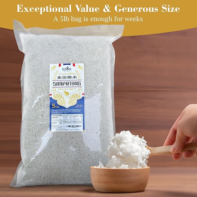 Fusion Select 10Lb Sanpatong Thai Sticky Rice - Authentic Glutinous Khao Niao Sweet Rice from Thailand - Uncooked Bulk Rice Bag for Making Dessert, Roasted Pork Dishes, Asian Food - Zero GMO or Gluten