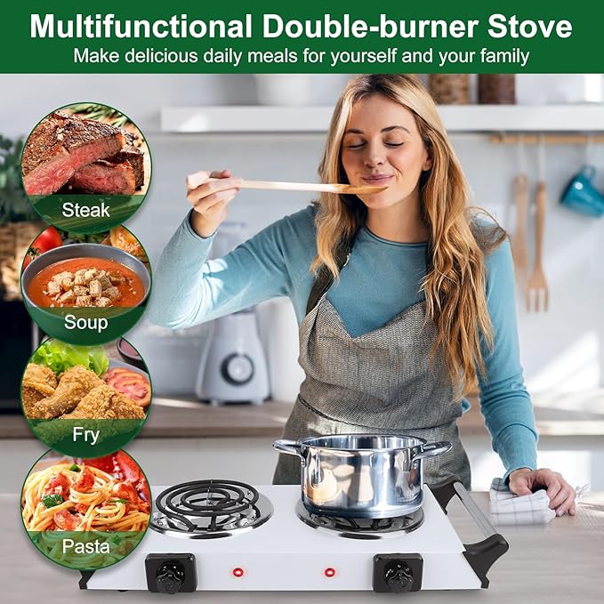 2000W Double Burner Electric, Portable Hot Plate for Cooking, Cooking Stove with 5 Temperature Adjustments, Countertop Burner Cooktop for Kitchen, Dorm (2Burner_White, 21x10x4")