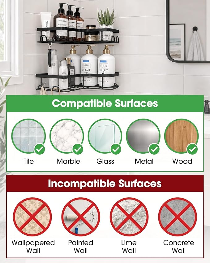 Sakugi Black Corner Shower Caddy Adhesive No Drilling Bathroom Shelves - Image 4