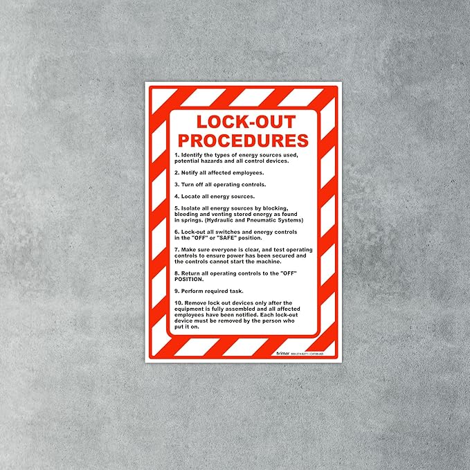 Brimar - 7" x 10" - Lock-Out Procedures Sign - 3.5 Mil InfiniStick™ Vinyl Label - Easy Installation - Workplace Safety Compliance