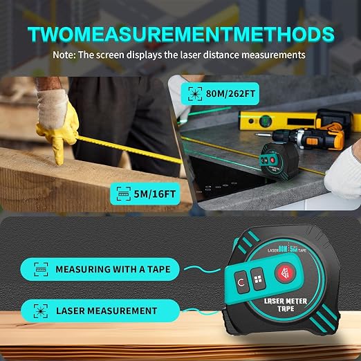 2-in-1 Laser Tape Measure USB-C Recharge 262Ft Laser & 16Ft Tape Green-Beam - Image 2